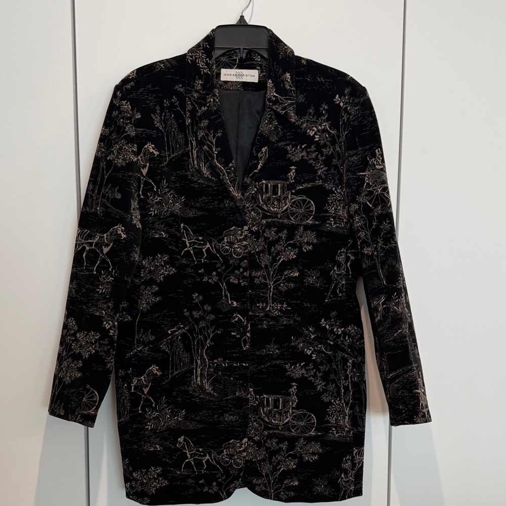 Black Velvet Women's Blazer with Intricate Print
